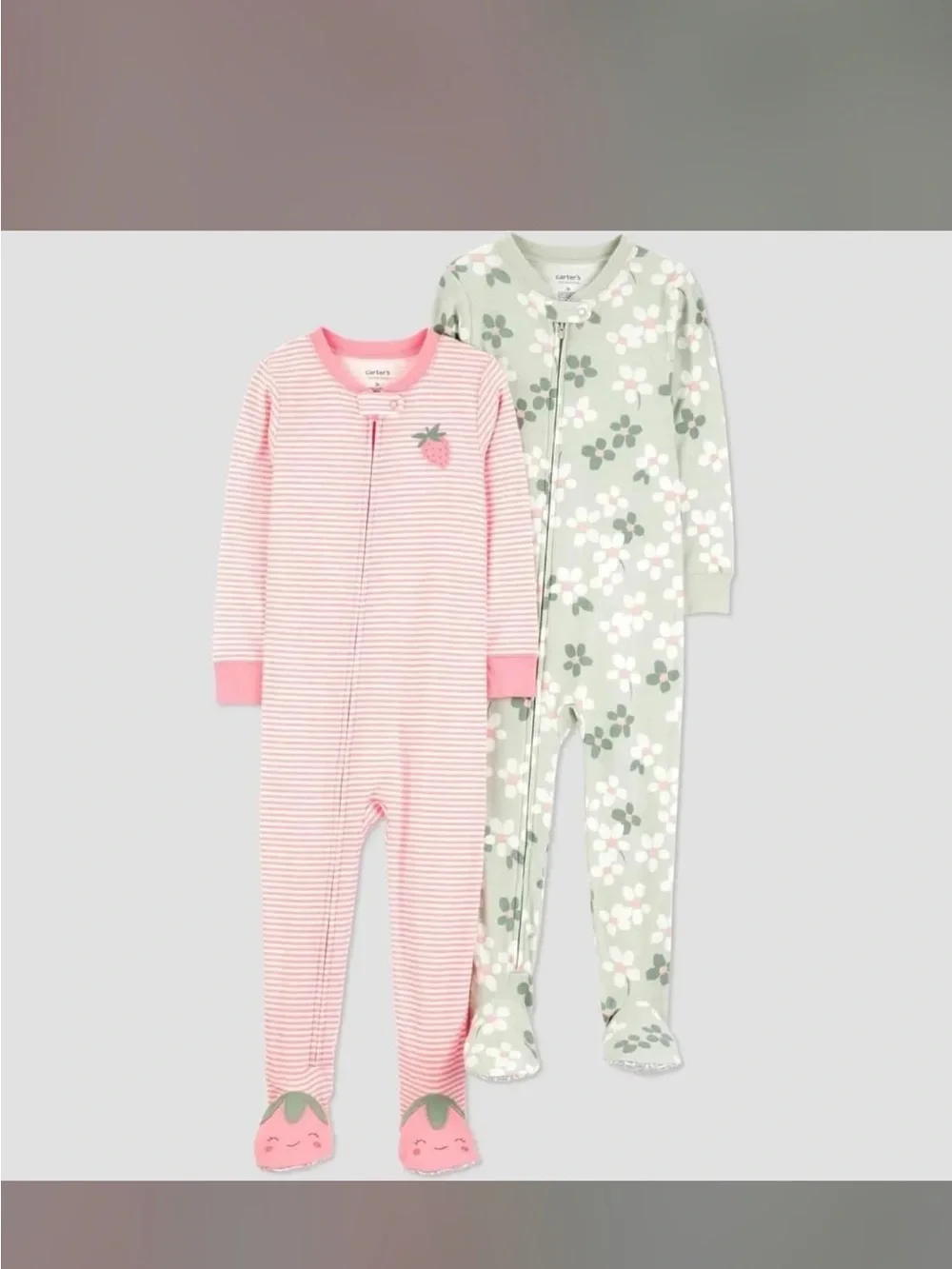 Toddler Girls' 2pk Cotton Floral and Strawberry Striped footies PJs